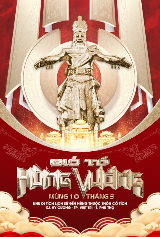 Commemorative poster for Hung Kings' Festival, featuring a golden statue and historical site details cover poster banner media post, Giỗ Tổ Hùng Vương